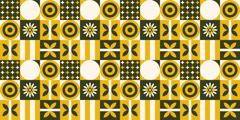 Geometric shapes and floral patterns in retro style.