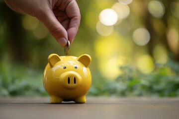 hand putting coin into piggy bank for saving money. Concept financial business investment, business, finance, investment, financial planning.