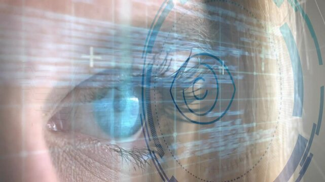 Beginning with closed eye fading HUD rings rotating opening lid, code scrolling completing scan