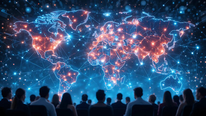 Globalization conference audience watching world map presentation on digital network technology screen