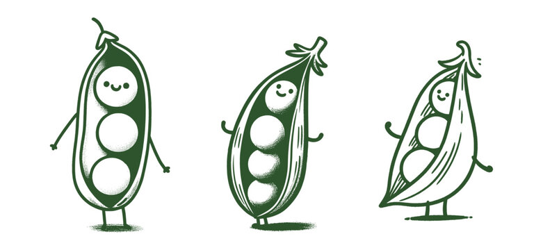 Set of three cartoon pea pod characters with expressive faces and playful gestures, evoking fun and whimsy, vector collection