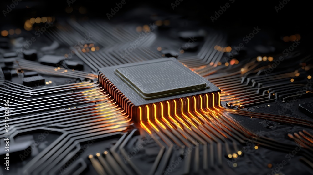 Poster close-up view of a computer chip with glowing circuit pathways, symbolizing advanced technology and 