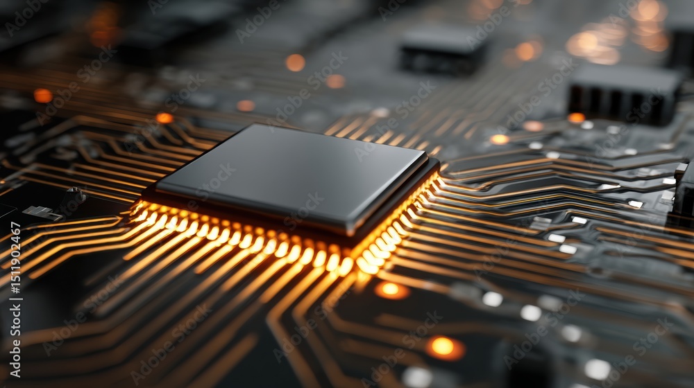 Poster close-up view of a microchip on a circuit board, showcasing intricate details and glowing circuitry.
