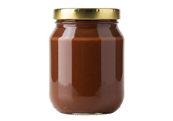 Isolated Glass Jar of Dark Brown Sauce with Gold Lid
