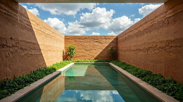 Architectural design features rammed earth walls, pool reflecting sky.