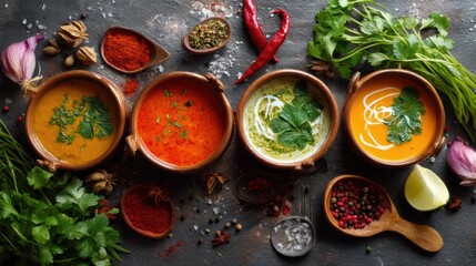 Colorful assortment of delicious soups garnished with herbs and spices, showcasing vibrant flavors and fresh ingredients.