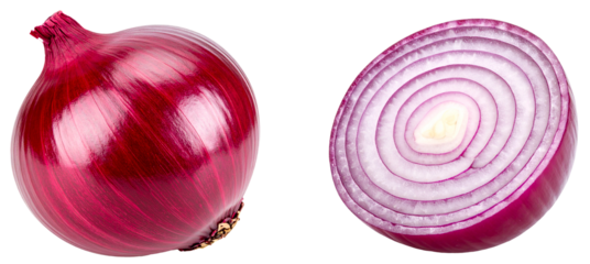 whole and sliced red onion isolated on white background
