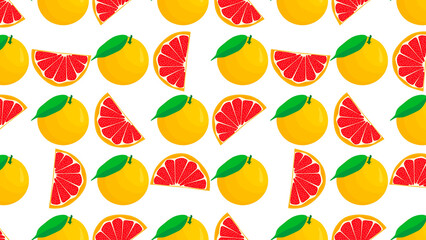Repeating pattern of whole and sliced grapefruits with green leaves on a white background surface view