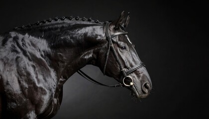 Magnificent black horse with flowing mane and tail, a portrait of equine beauty freedom in nature