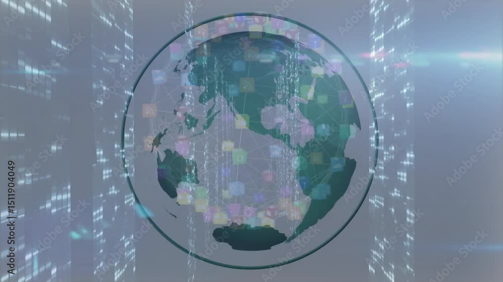 Poster on start digital globe rotating while streams cascading and nodes pulsing showing global data flow