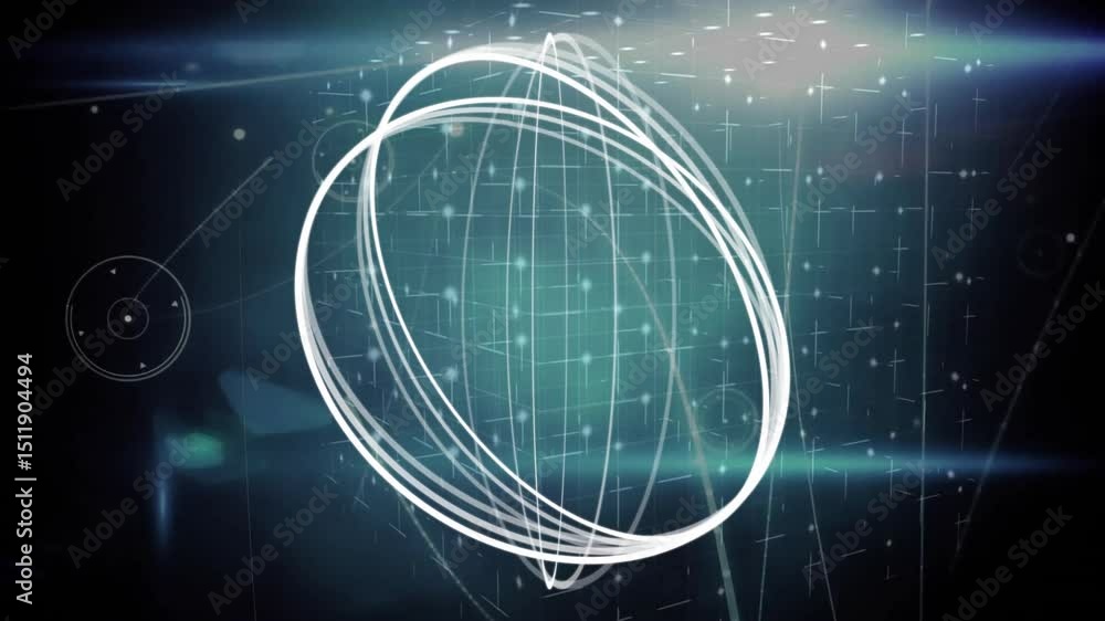 Poster faint cyan glow initiating curved strokes forming rotating wireframe sphere, showing network flow
