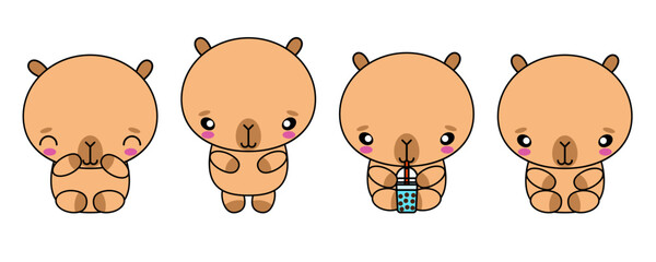 Cute kawaii cartoon capybara with boba bubble tea set. Kawaii pet animal for card, decoration, print. Stock vector illustration isolated on white 
