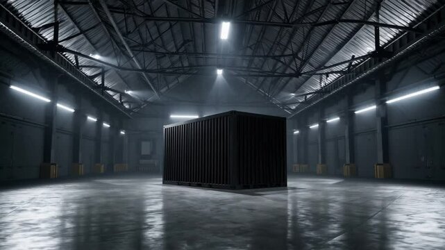 Mysterious cargo container in empty warehouse with dramatic lighting, industrial mood, suspenseful and mysterious atmosphere