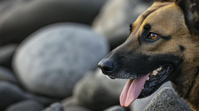 Close up portrait of a malinois dog profile with visible fur and tongue on a rocky background showcases animal detail and breed characteristics