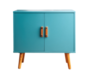 Modern teal cabinet with wooden legs for stylish storage solutions on a transparent background, cut out