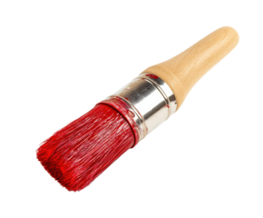 Brush for painting with red bristles and wooden handle on a transparent background, cut out
