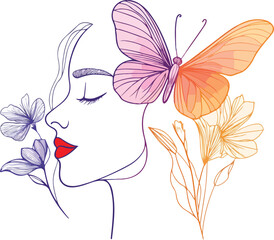 Elegant Line Art Illustration of a Woman s Profile with Butterflies and Flowers in Pastel Colors on a Clean White Background for Design Projects