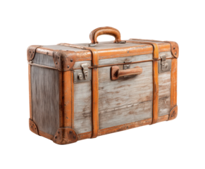 Vintage travel suitcase with leather accents for adventurous journeys on a transparent background, cut out