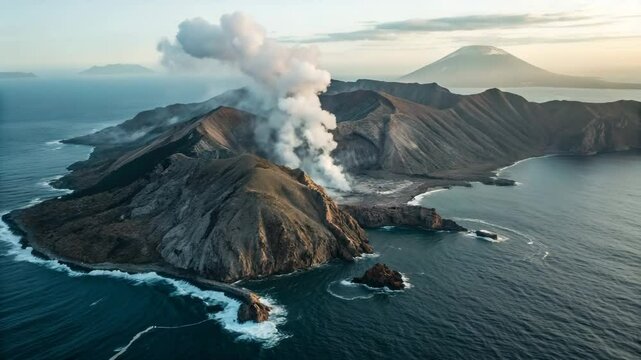 Volcano mountain island in middle of sea drone view footage