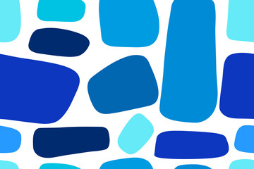 Blue abstract organic shape print seamless pattern illustration in retro style. Trendy primary blue color tile pool background with creative drawing.