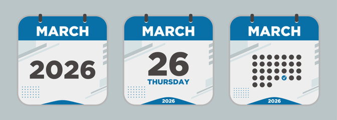 Modern Calendar icon. March. 2026 26 day. The concept of waiting for an important date. Day calendar with date March 26. Cheklist day calendar. Vector illustration.