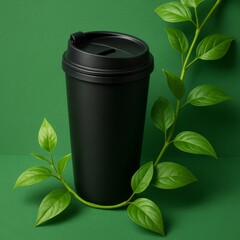 Black coffee cup with green leaves on green background 