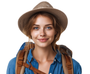 Adventure seeker ready for a hiking journey in nature on a transparent background, cut out