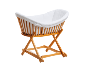 Natural wooden baby bassinet for newborns in serene home setting on a transparent background, cut out