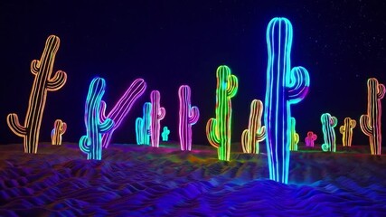 Neon cactus glow desert night, vibrant colorful light art, surreal landscape, joyful mood, creating vibrant dreamy scene with