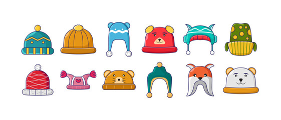 Winter hat collection in clip art style, vector illustration