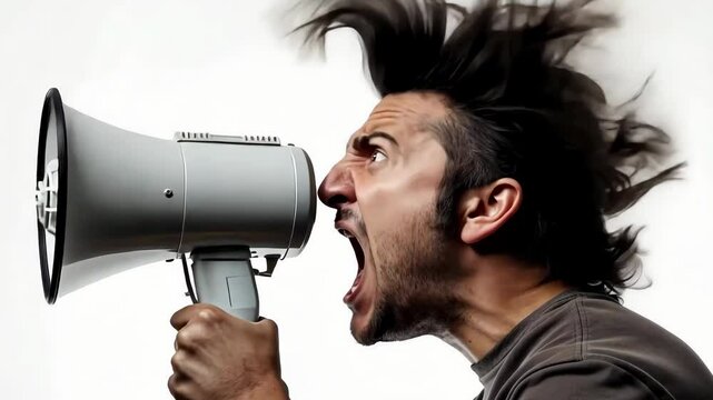 An extremely stressed man shouting at a megaphone defending his rights with white background