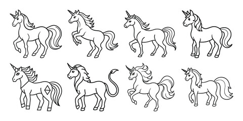 Obraz premium Unicorn line art vector set for children’s prints and decoration isolated on white background.