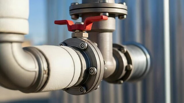 Industrial pipe valve system close-up. Stainless steel pipe fitting with red lever valve.  Durable industrial piping system for water supply or chemical processing.  Industrial pipe system for manufac