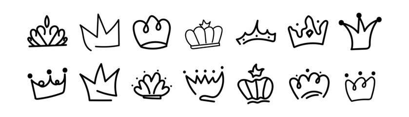 Hand drawn vector set of black king, queen, and prince crowns