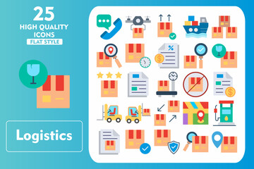 Logistics Flat Icon Set. Incleded Icons Phone Call, Document, Geolocation, Fuel, Delivery Note, Delivery Box, Safety, Inspection, Location. Vector Icons Collection
