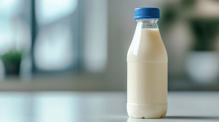 Fresh milk in a clear bottle on a table, highlighting simplicity and nutrition in a modern kitchen setting.
