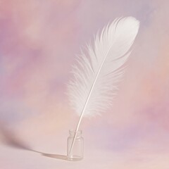 A delicate white feather gracefully perched in a small glass inkwell, set against a soft, dreamy pastel backdrop