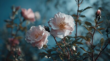 Elegant light pink rose blossoms with blue background creating a tranquil scene