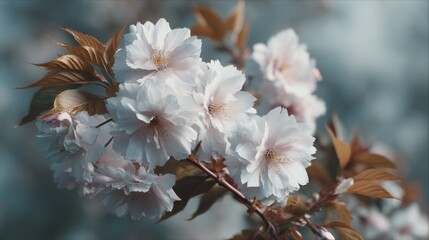 Close-up of cherry blossoms on a branch, capturing the delicate beauty and detail