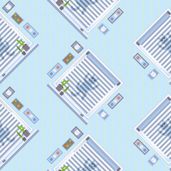 Seamless pattern. Humorous animal-themed vector illustration of a sneaky cat trying to catch a mouse from behind a transparent window blind. Perfect for pet humor, home scenes, and comic animal design