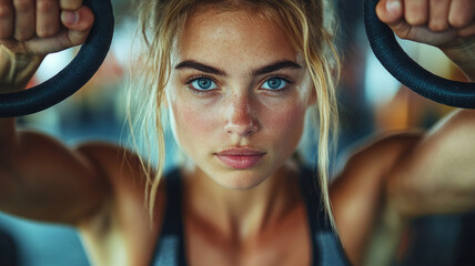 Girl with rubber loops in her hands, ready to workout. Useful for content about fitness, sports and healthy lifestyle.