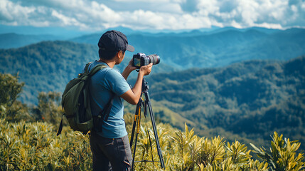 Man capturing scenic mountain landscape with camera on tripod, nature photography adventure in forest with backpack, professional outdoor travel photographer image