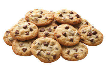 Delicious chocolate chip cookies pile isolated on transparent background