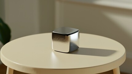 A shiny silver cube sits on a round white table.