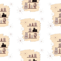 Seamless pattern. omical animal-themed vector illustration showing a curious black cat trapped inside a transparent jar on a pantry shelf. Perfect for animal lovers and humorous pet-related designs.