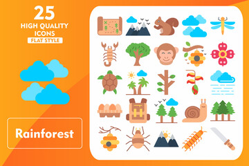 Fototapeta premium Rainforest Flat Icon Set. Incleded Icons Map, Mountain, Squirrel, Clouds, Dragonfly, Scorpion, Tree, Monkey, Beehive, Rafflesia. Vector Icons Collection
