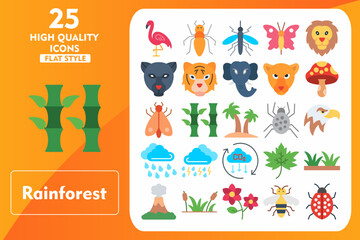 Fototapeta premium Rainforest Flat Icon Set. Incleded Icons Flamingo, Bamboo, Leaf, Grass, Valcano, Swamp, Flower, Bee, Ladybug, Ant, Mosquito, Butterfly, Lion. Vector Icons Collection