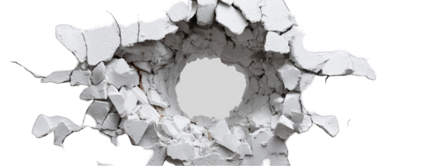 A circular hole blasted through a white surface, scattering debris outwards