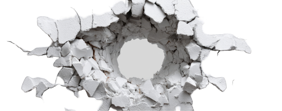 A circular hole blasted through a white surface, scattering debris outwards