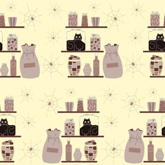 Seamless pattern. omical animal-themed vector illustration showing a curious black cat trapped inside a transparent jar on a pantry shelf. Perfect for animal lovers and humorous pet-related designs.